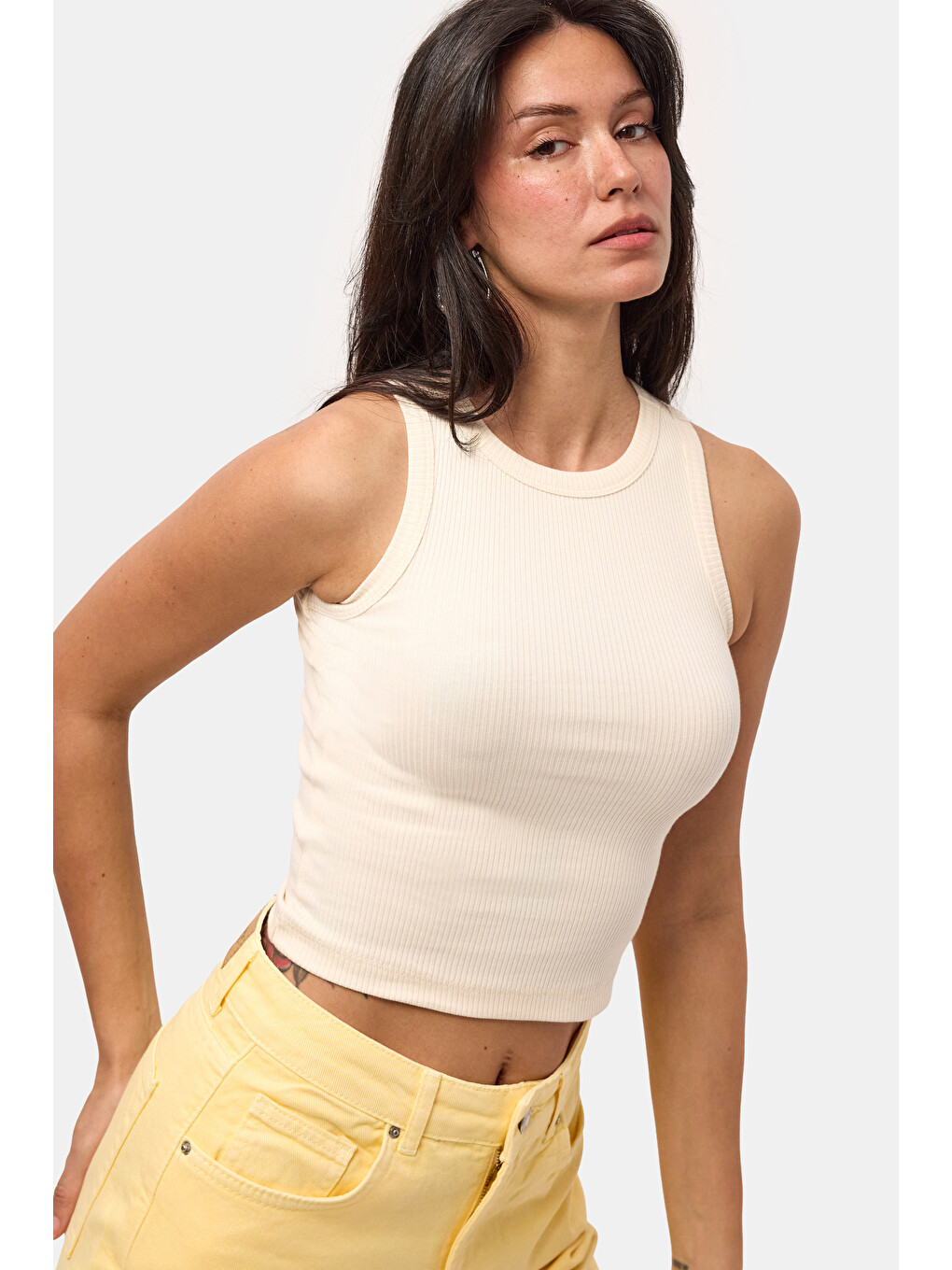 Bej Kadın Taş s6-57 Sıfır Kol Esnek Kumaş Crop Top-4