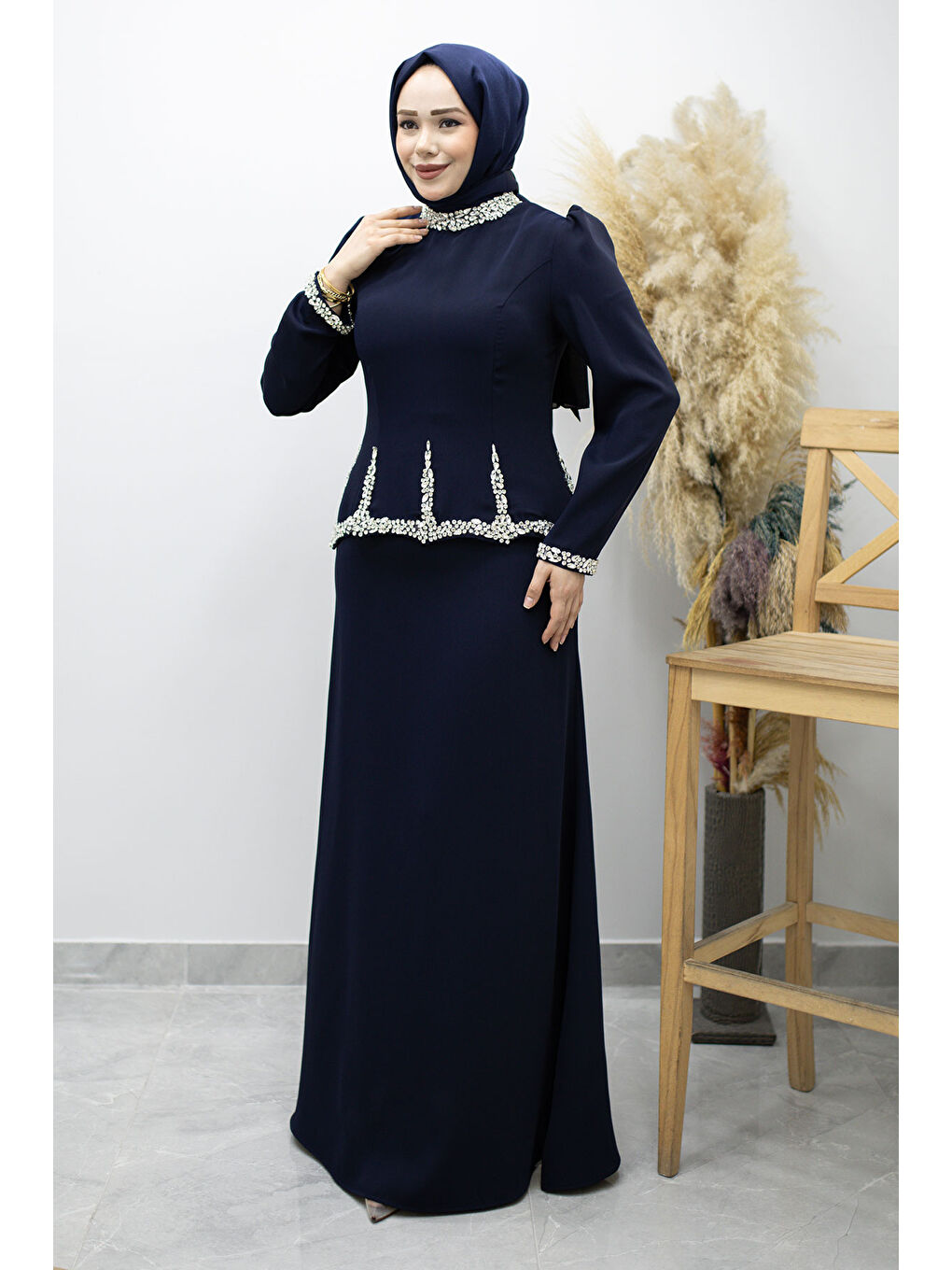 Taş İşlemeli Peplum Abiye TSD260195 Lacivert-4