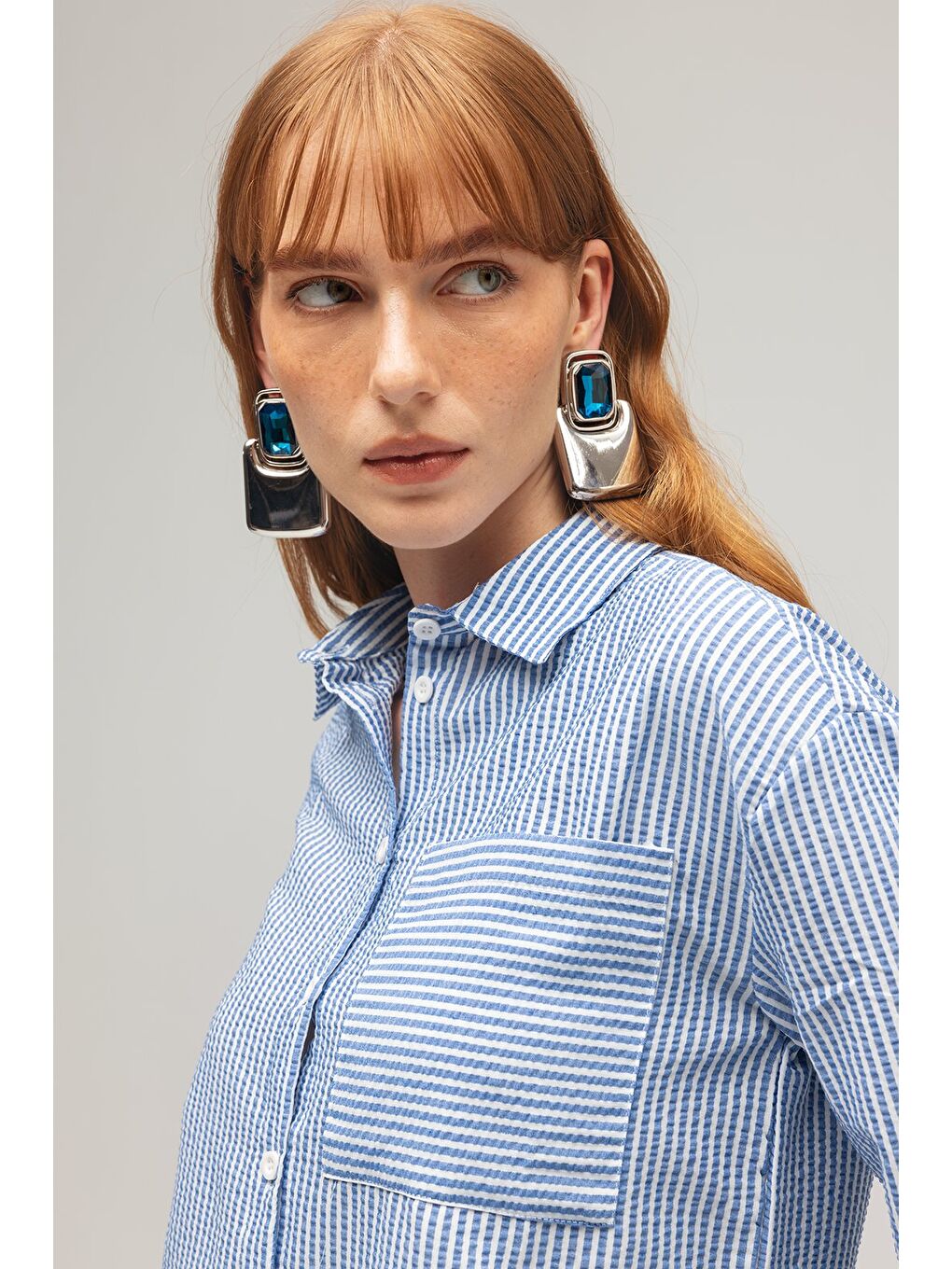 Mavi Kadın Çizgili Dokulu Regular Basic Gömlek - Tek Cepli-1