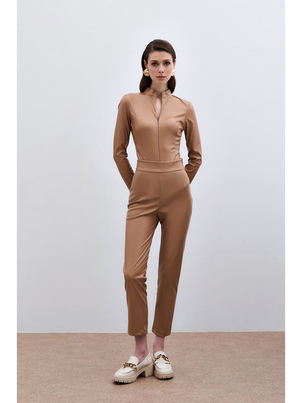 Kahverengi Yüksek Bel Deri Pantolon - Camel-1