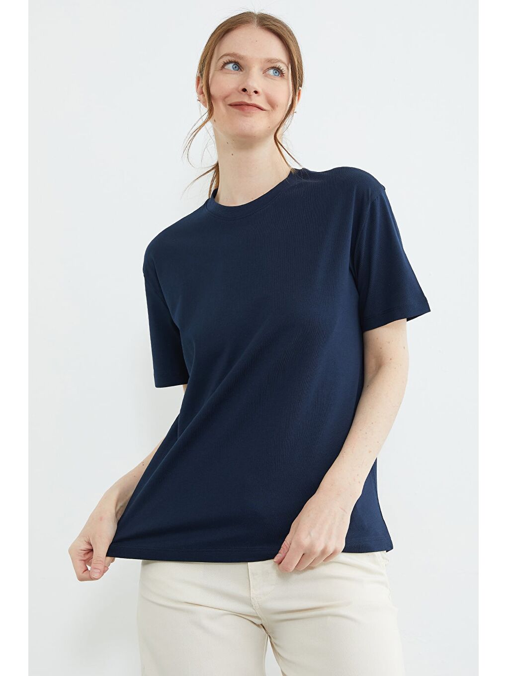 Lacivert Basic Bisiklet Yaka Oversize Tişört-1