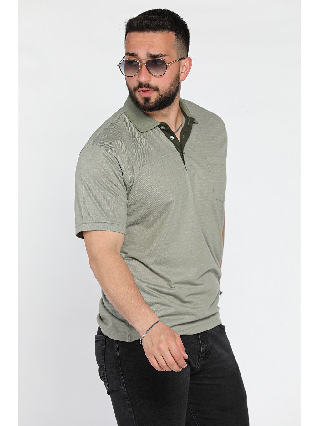 Haki Polo Yaka Yarım Düğmeli Cepli Erkek Tişört-1