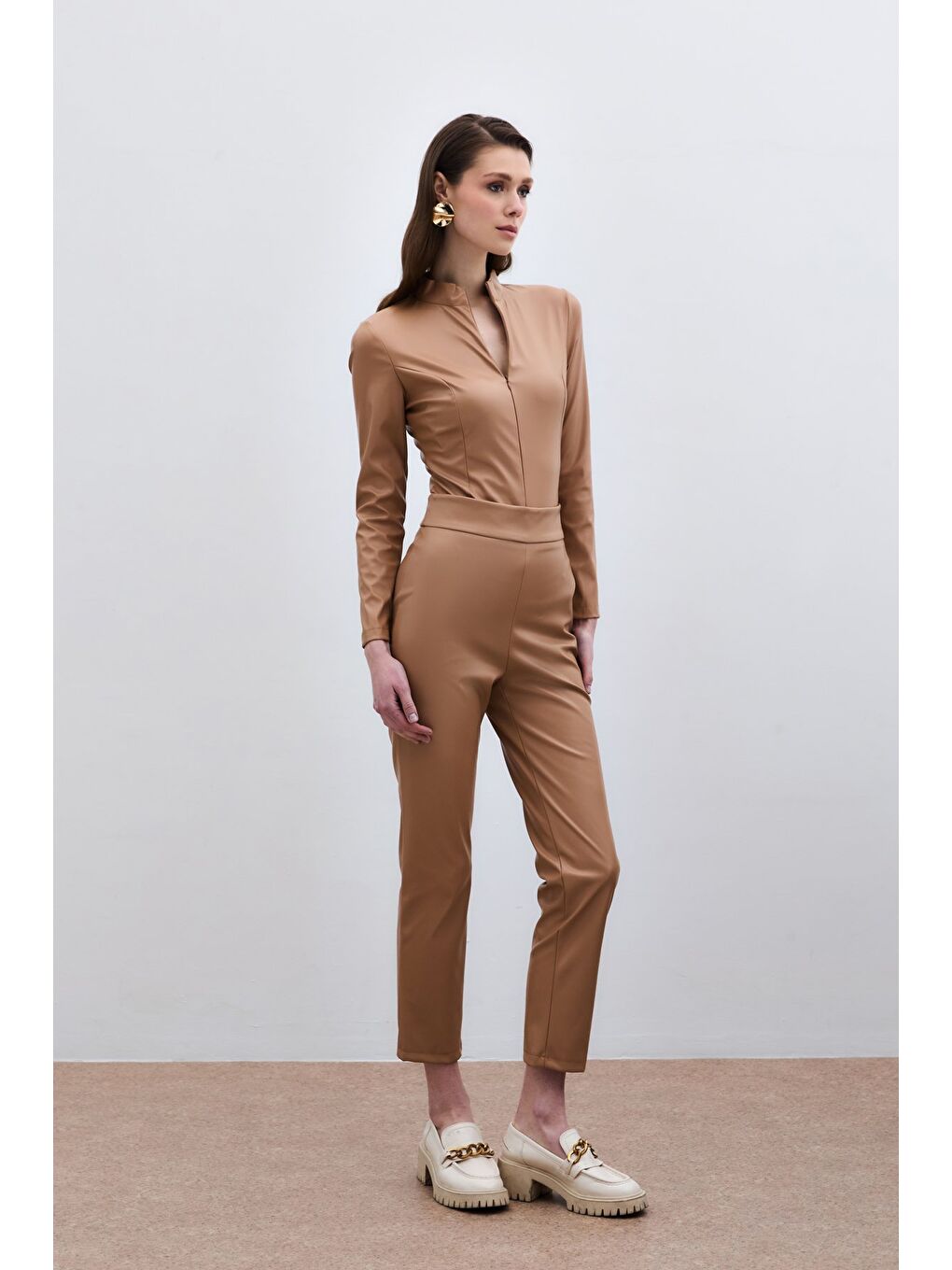 Kahverengi Yüksek Bel Deri Pantolon - Camel-2