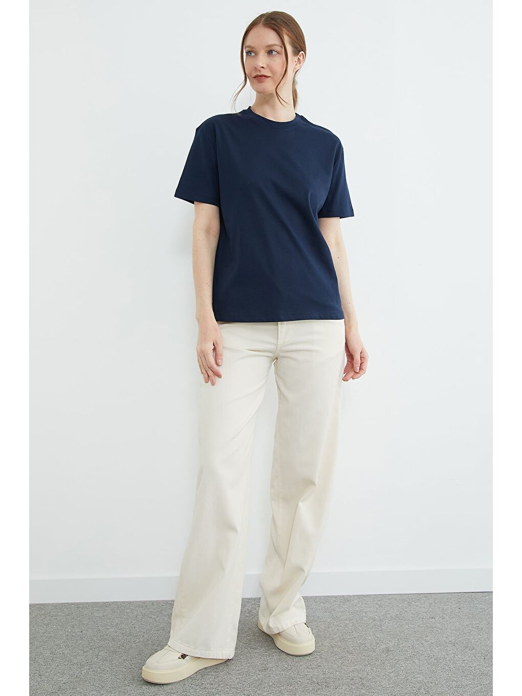 Lacivert Basic Bisiklet Yaka Oversize Tişört-2