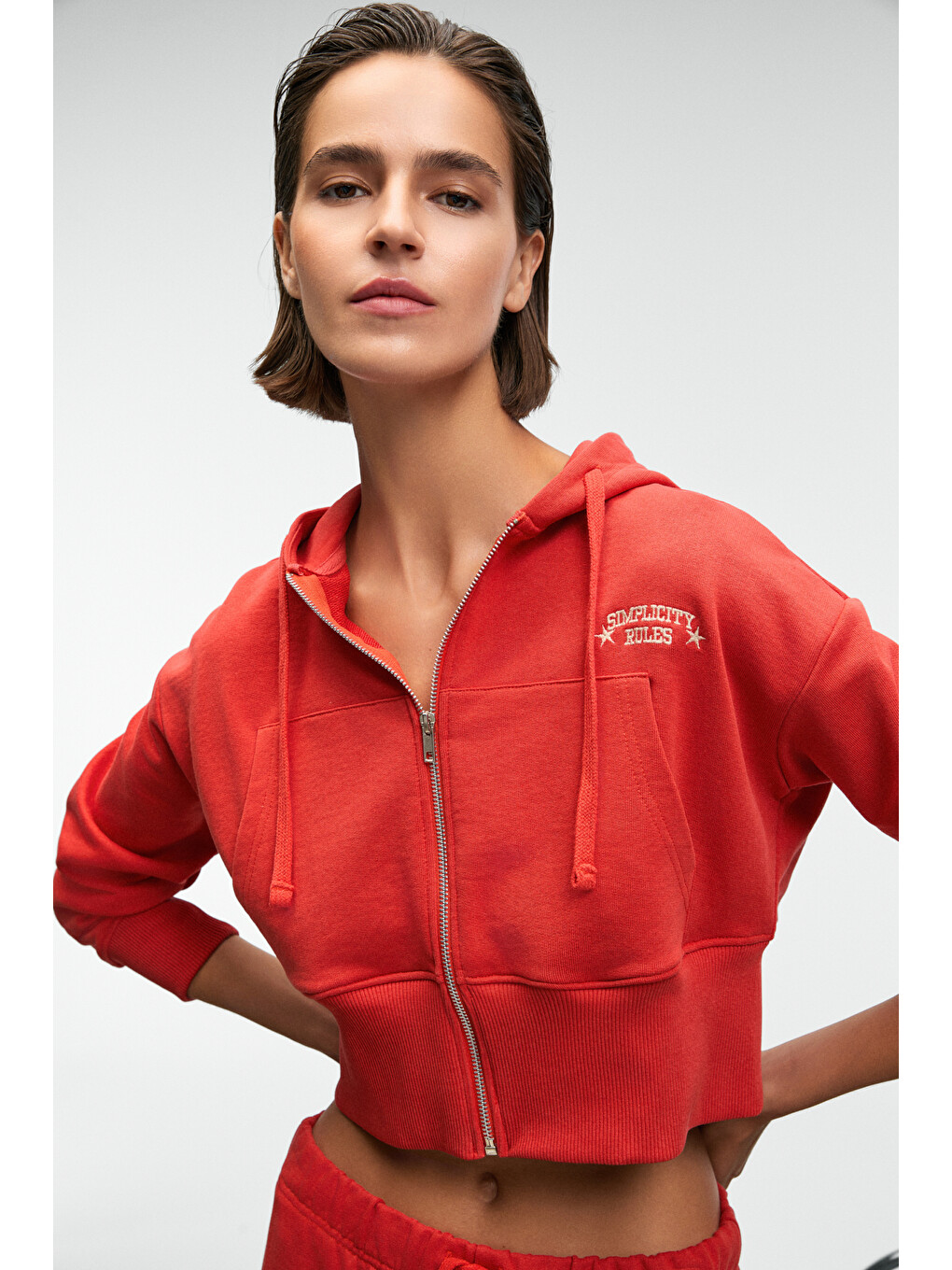 Elara Kadın Metal Fermuarlı Nakışlı Kapüşonlu Crop Kırmızı Sweatshirt-2