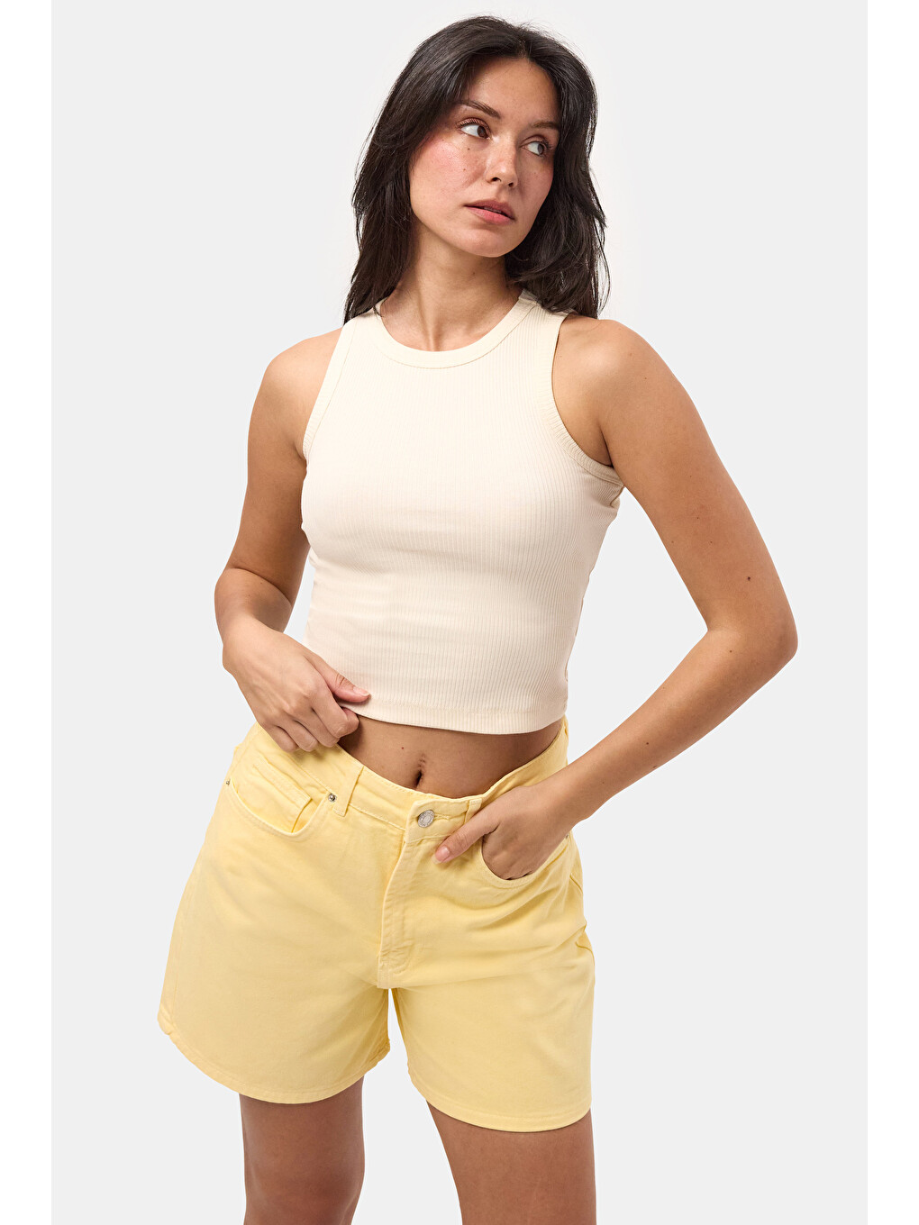 Bej Kadın Taş s6-57 Sıfır Kol Esnek Kumaş Crop Top-5