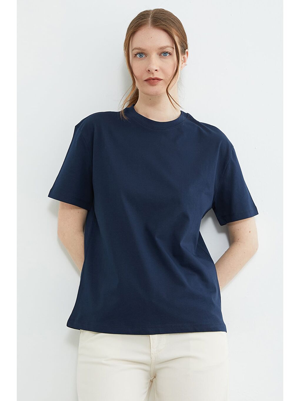 Lacivert Basic Bisiklet Yaka Oversize Tişört-3