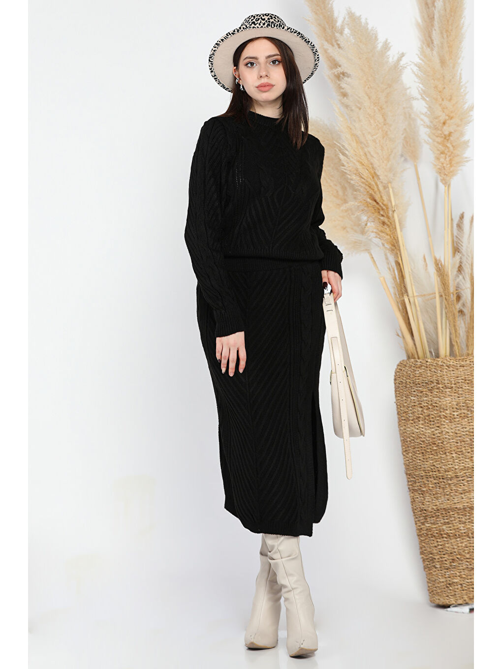 Siyah Kadın Örme Triko Bluz Etek İkili Takım-2