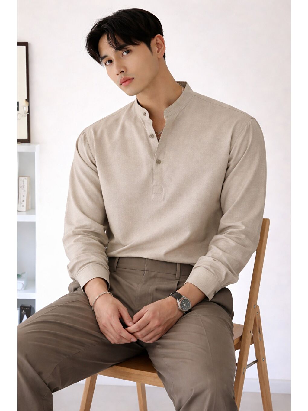 Bej Keten Karışımlı 3 Düğmeli Hakim Yaka Erkek Gömlek Slim Kesim Yazlık-1