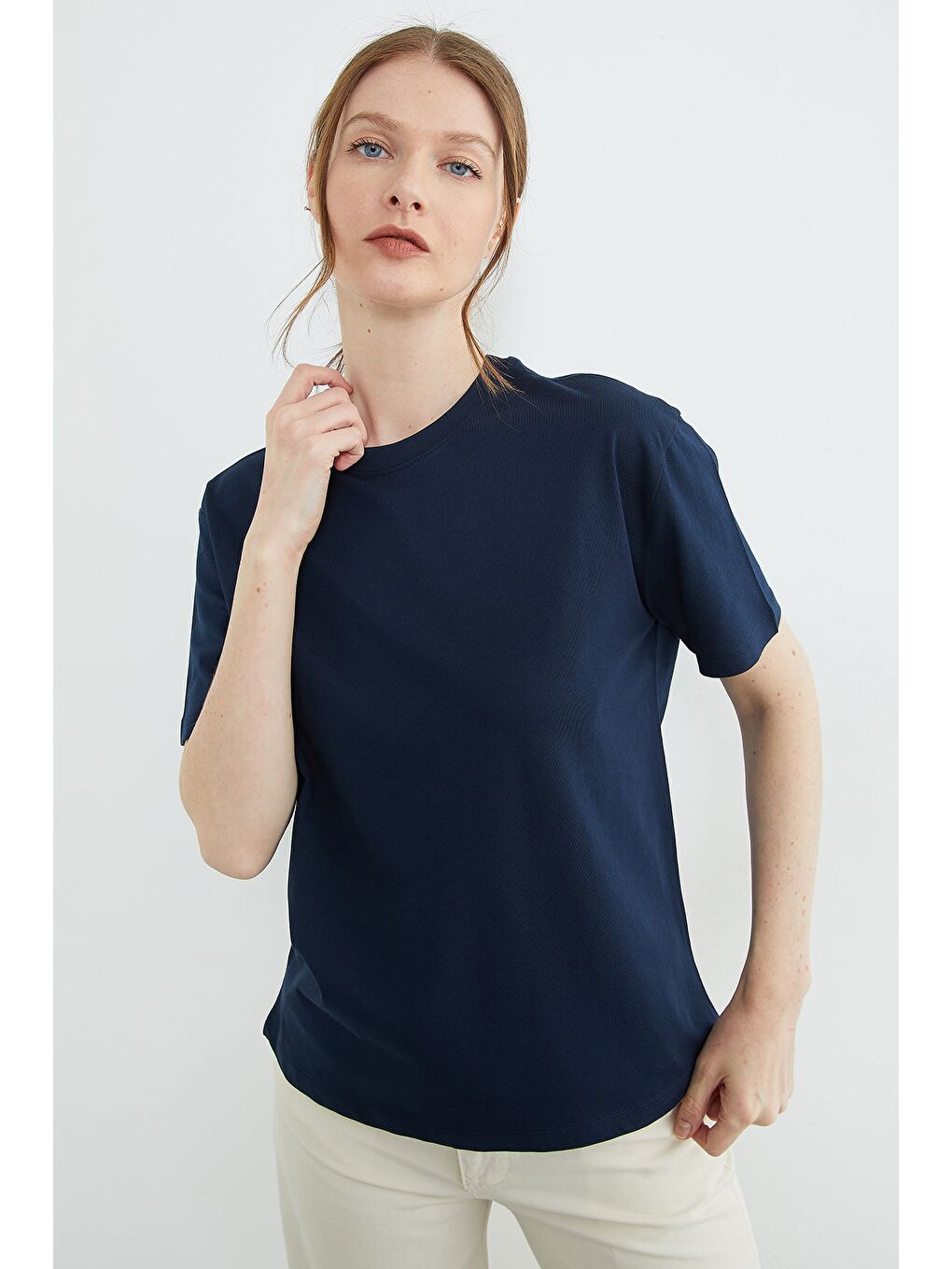 Lacivert Basic Bisiklet Yaka Oversize Tişört-4