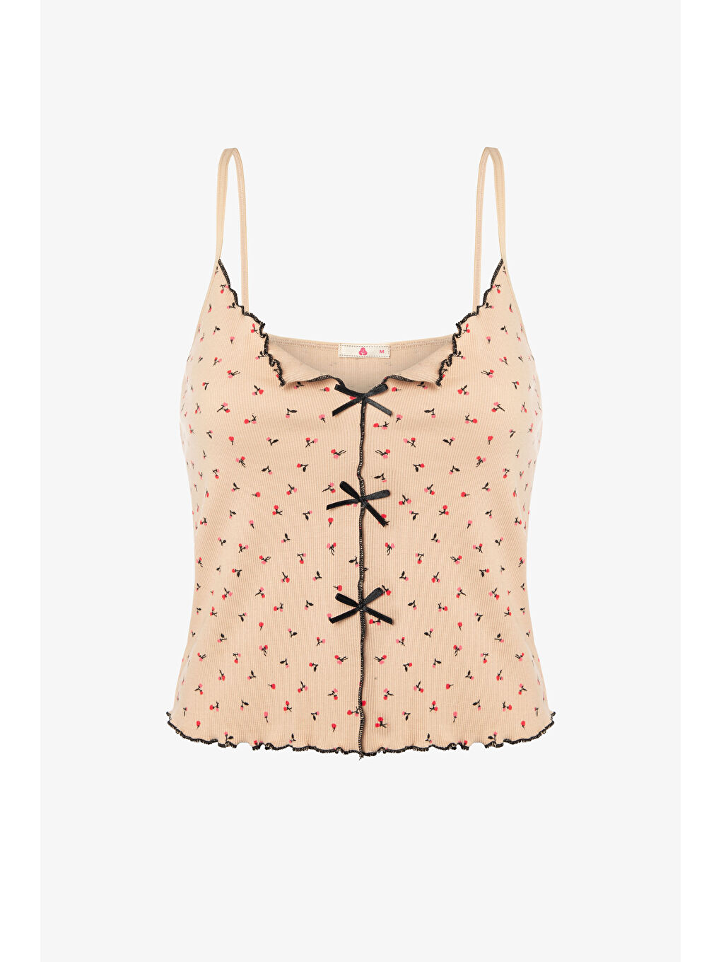 Ekru Kadın İnce Askılı Fiyonklu Pamuklu Şortlu Pijama Takımı-1