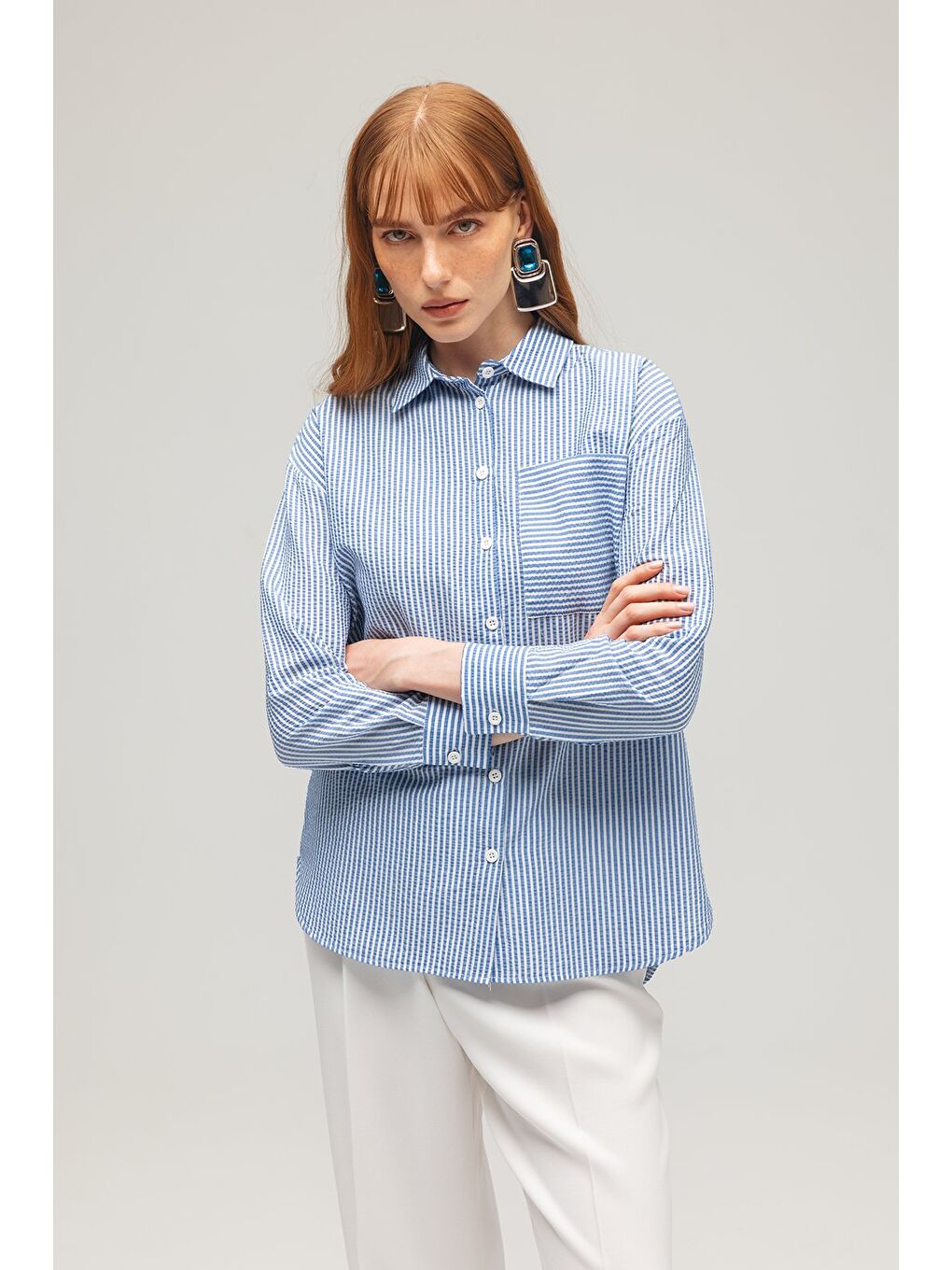 Mavi Kadın Çizgili Dokulu Regular Basic Gömlek - Tek Cepli-2