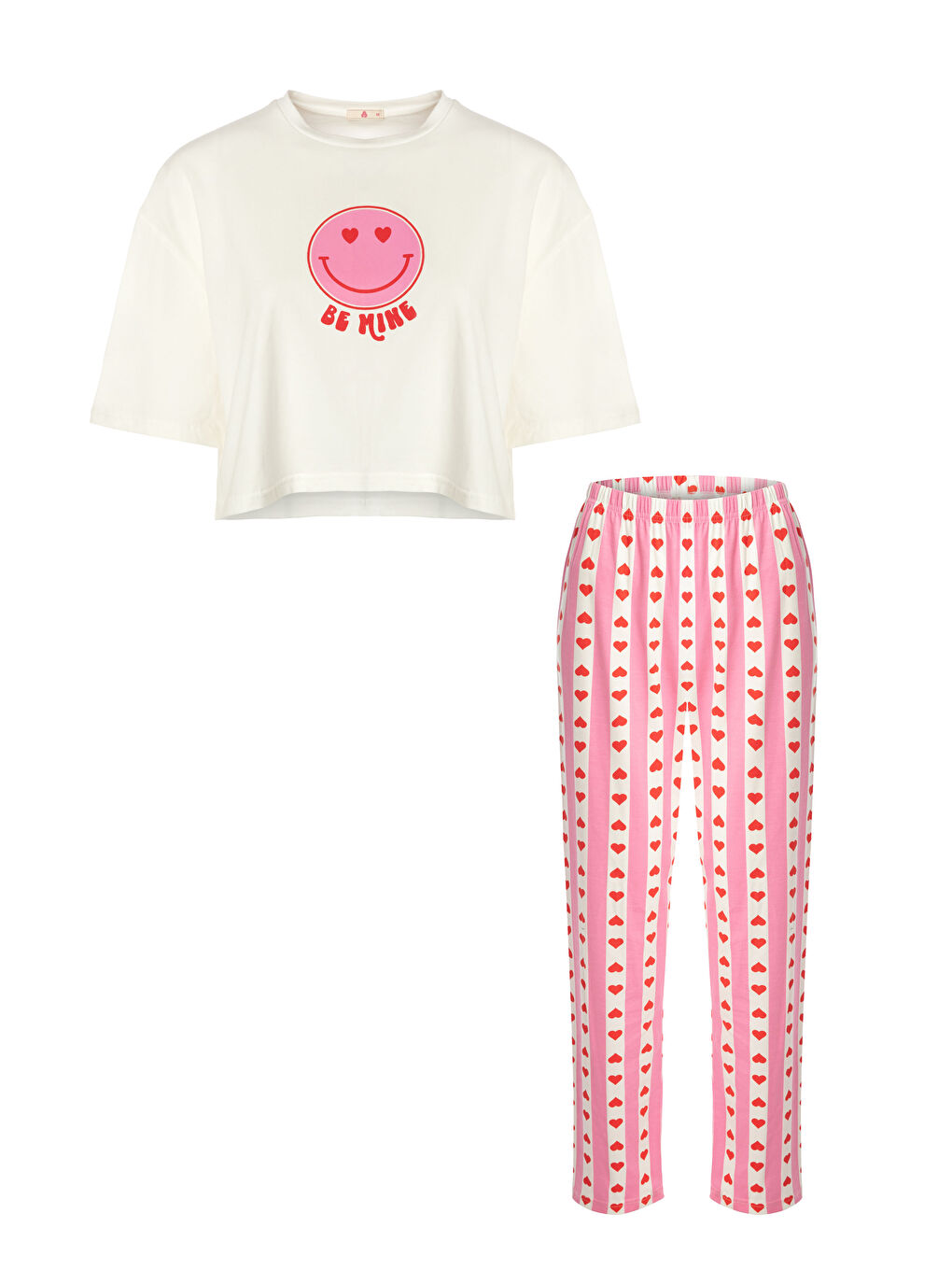 Pembe Kadın Pamuklu Kısa Kollu Kalpli Pijama Takımı