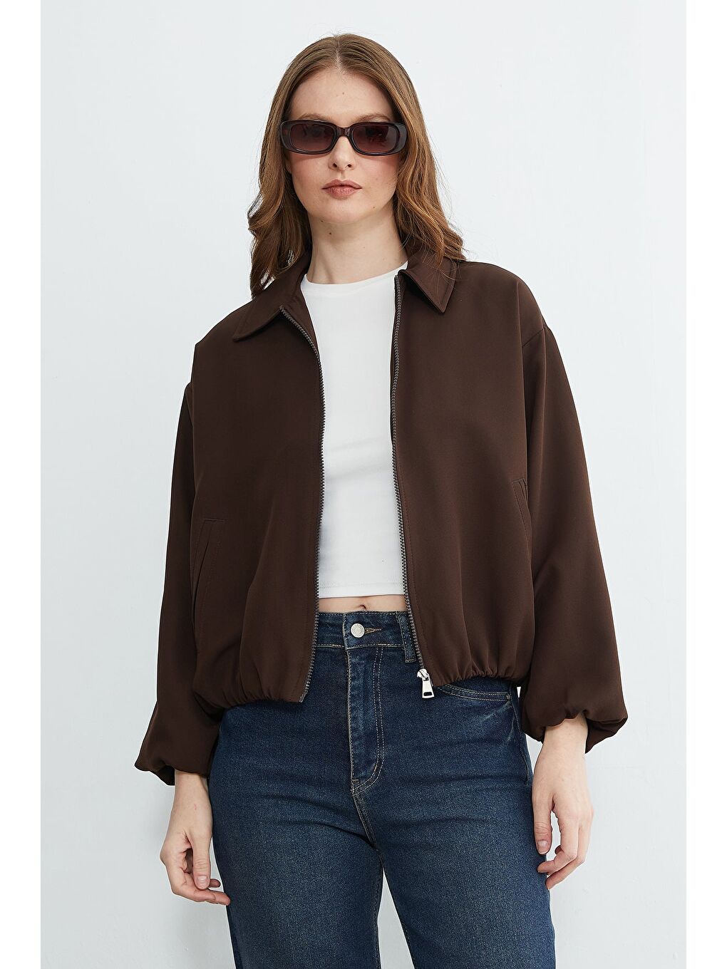 Kahverengi Fermuarlı Polo Yaka Bomber Ceket