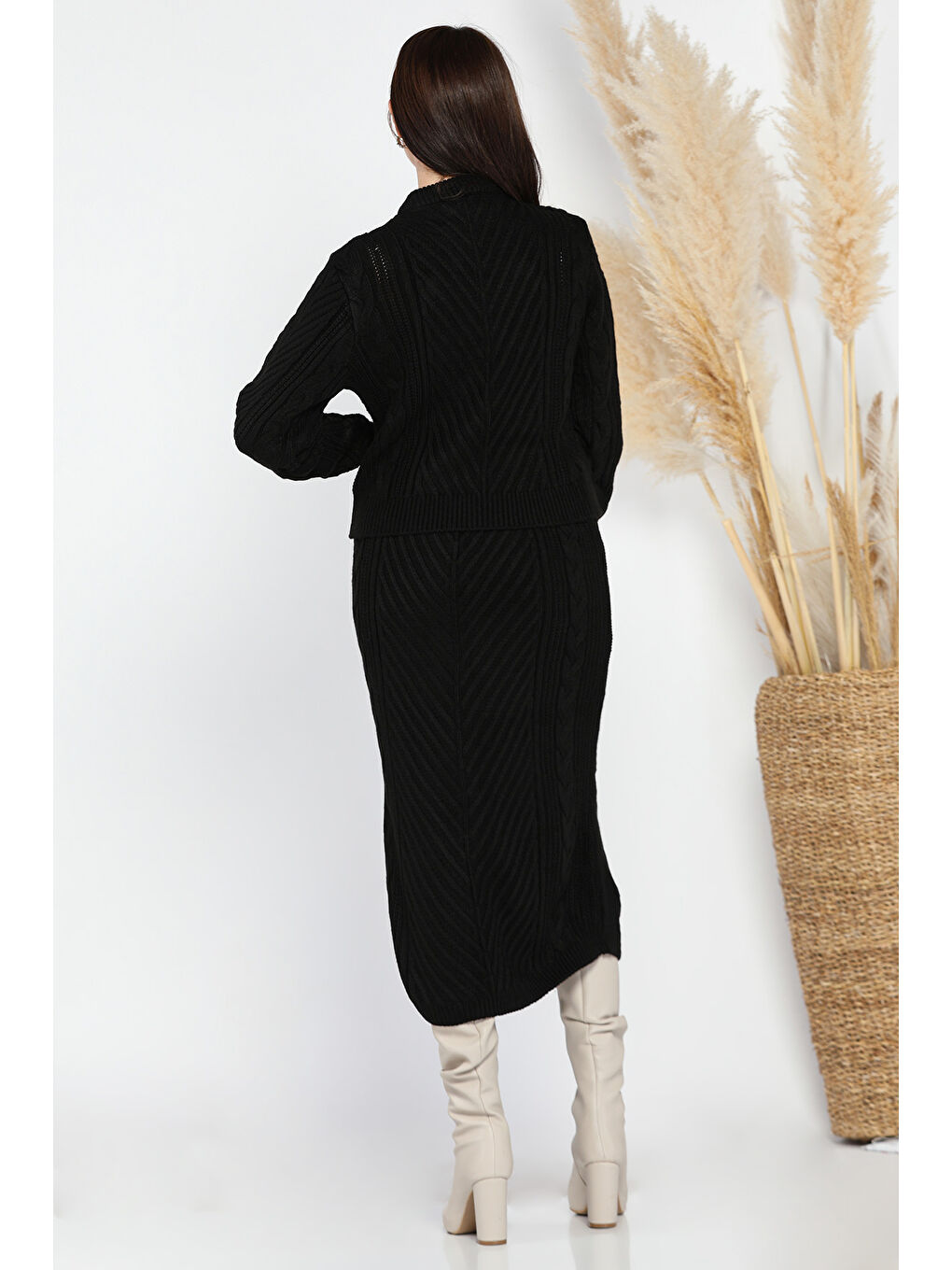 Siyah Kadın Örme Triko Bluz Etek İkili Takım-3