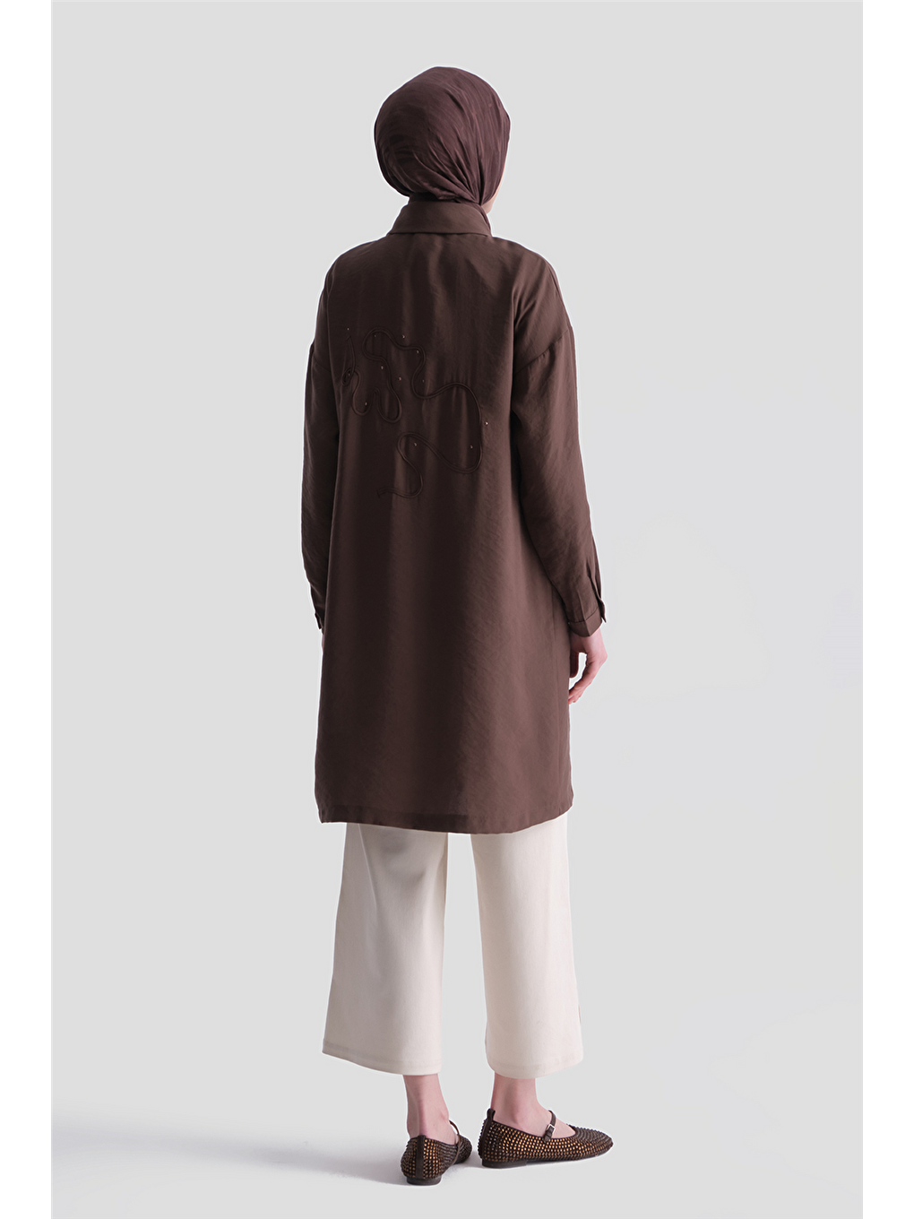 Arkası Nakışlı Tunik Elbise Kahverengi-5