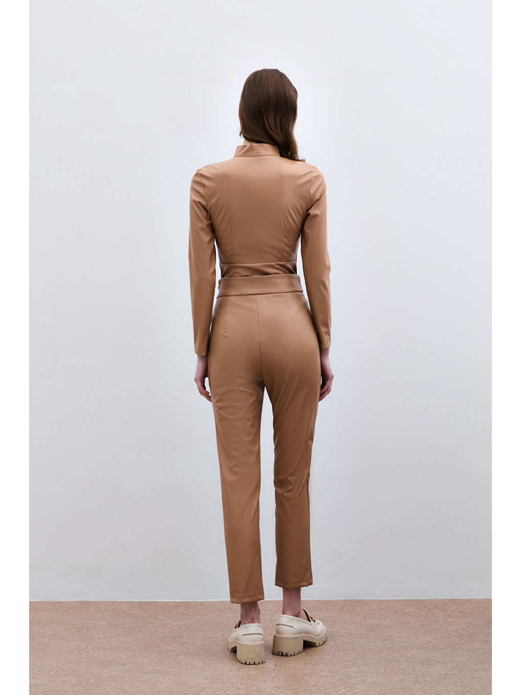 Kahverengi Yüksek Bel Deri Pantolon - Camel-5