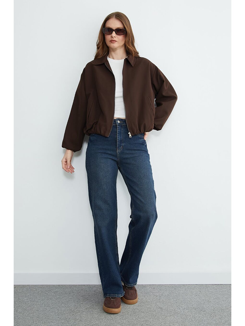 Kahverengi Fermuarlı Polo Yaka Bomber Ceket-2