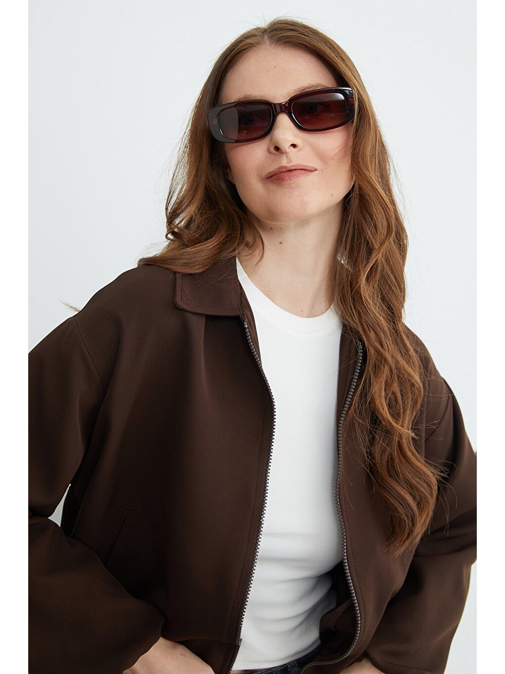 Kahverengi Fermuarlı Polo Yaka Bomber Ceket-3