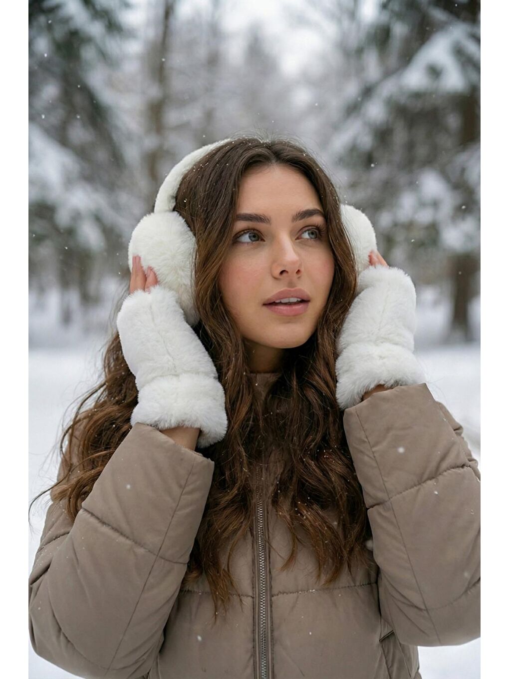 Ithal Beyaz Pelüş Eldiven Kulaklık Set-1