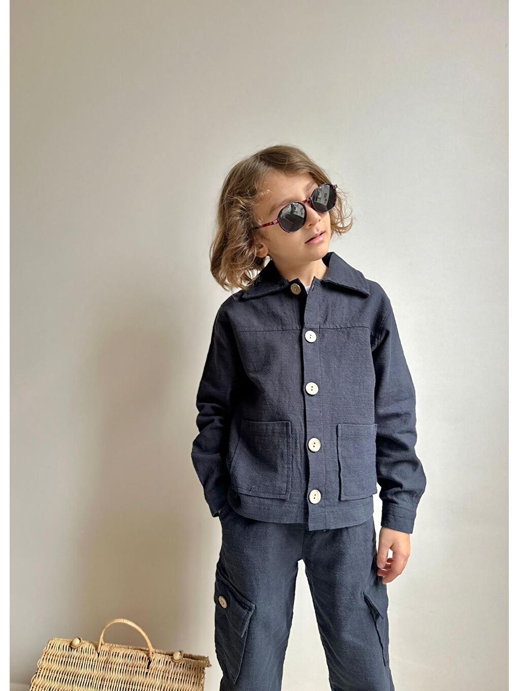 Lacivert Erkek Çocuk Yıkamalı Keten Gömlek Pantolon Takım-1