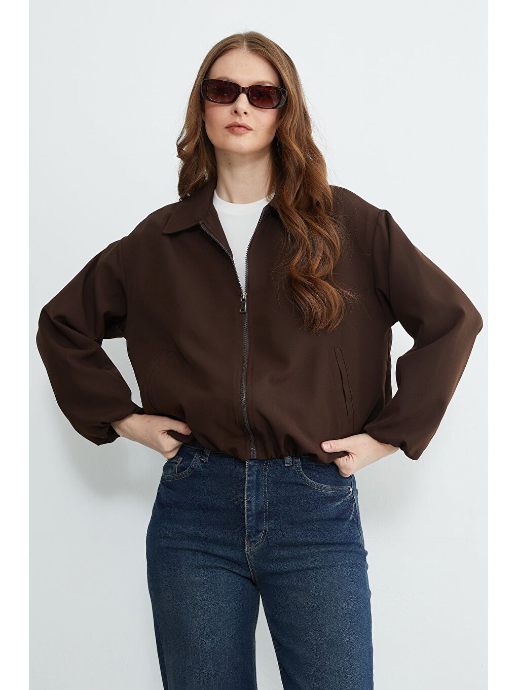 Kahverengi Fermuarlı Polo Yaka Bomber Ceket-4