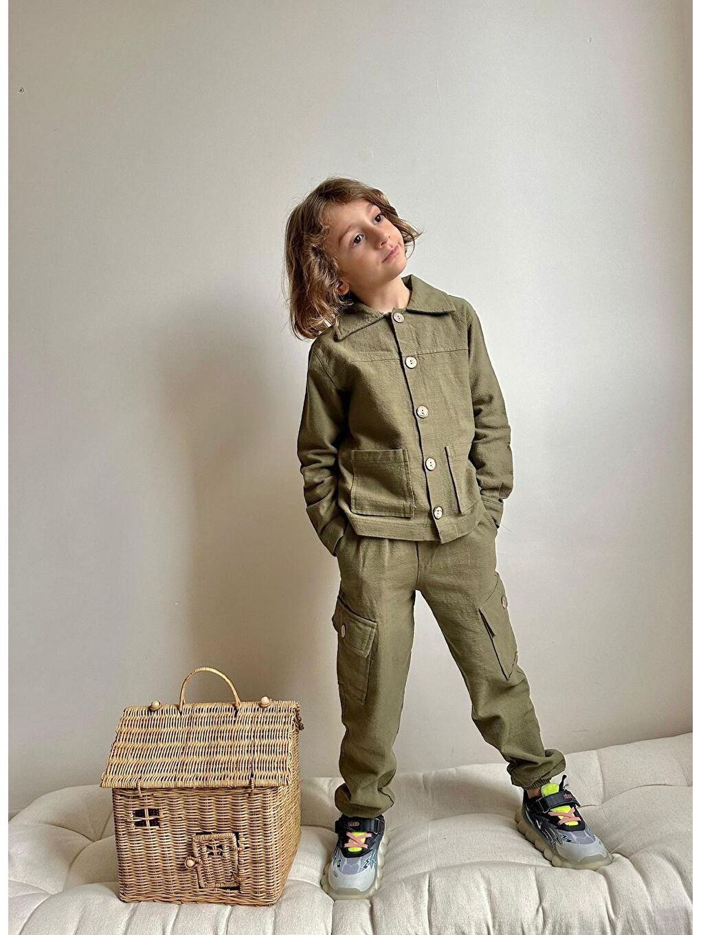 Haki Erkek Çocuk Yıkamalı Keten Gömlek Pantolon Takım
