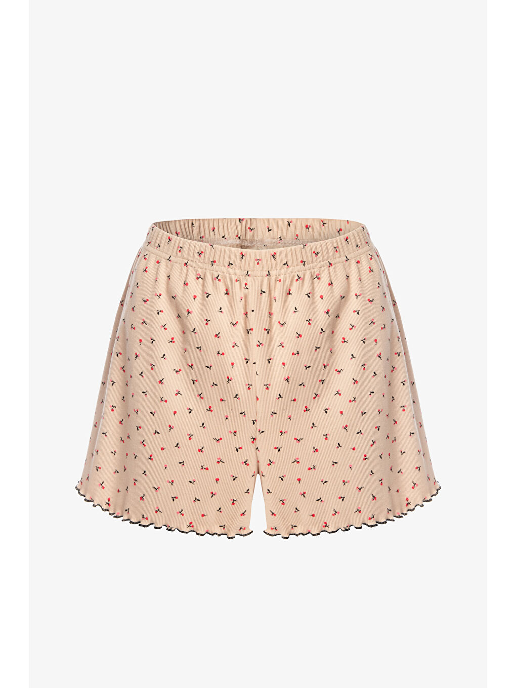 Ekru Kadın İnce Askılı Fiyonklu Pamuklu Şortlu Pijama Takımı-2