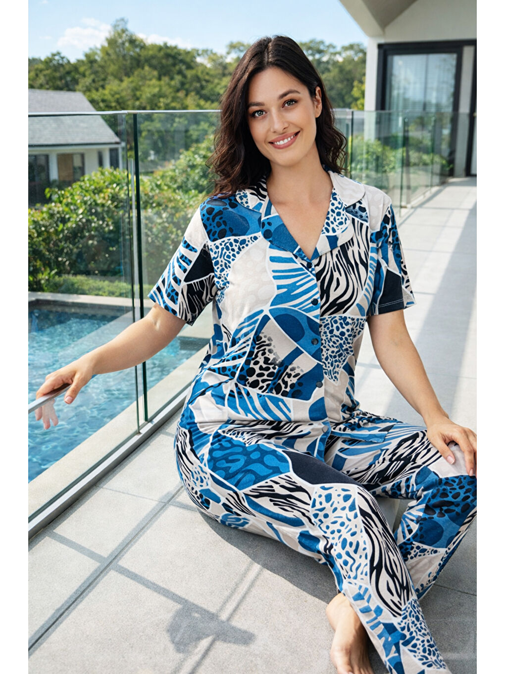 Kadın Desenli Kısa Kol Elastanlı Viskon Pijama Takımı 0292 Bej01-1