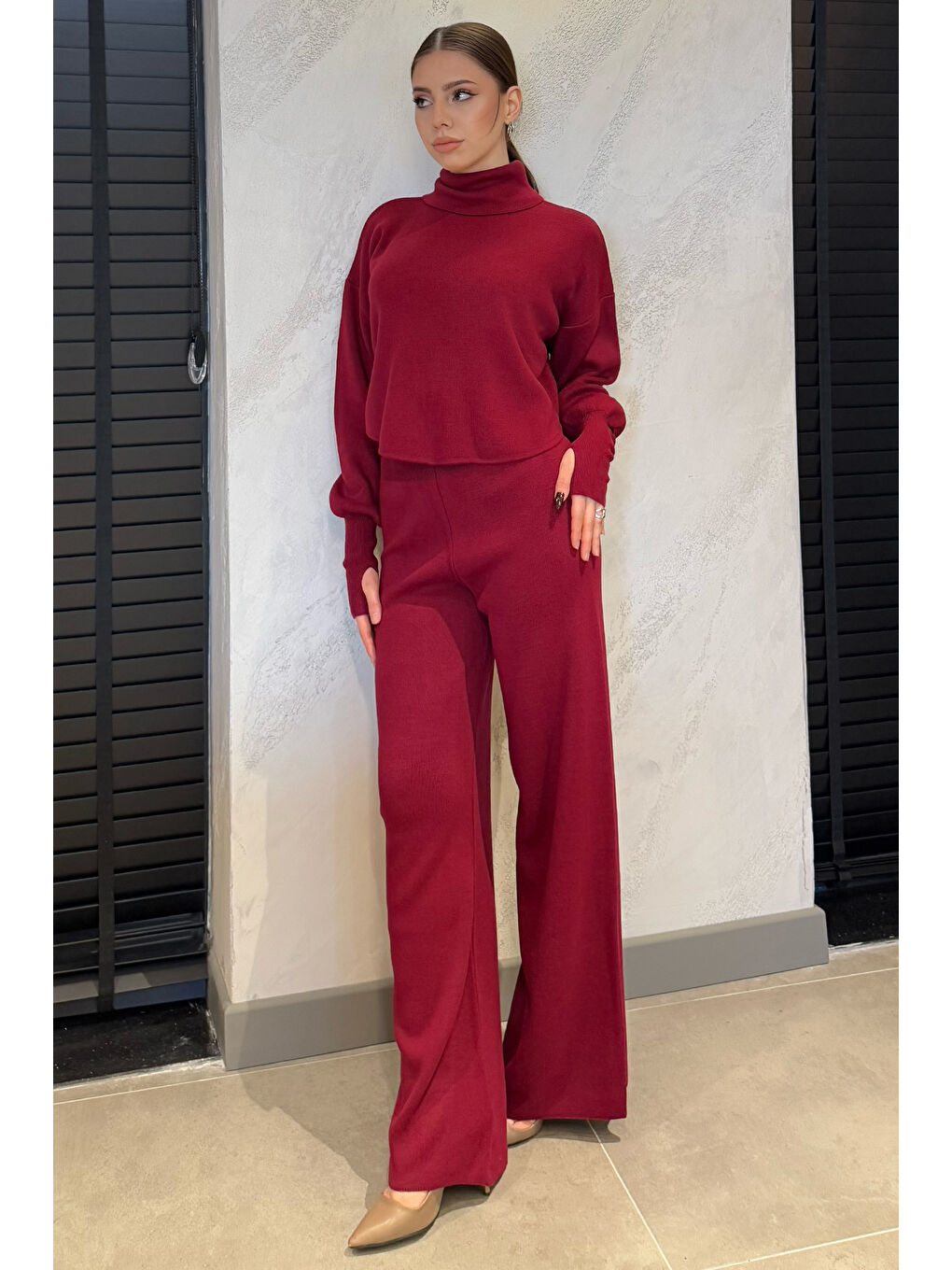 Bordo Crop Kazak Pantolon Triko İkili Takım-1