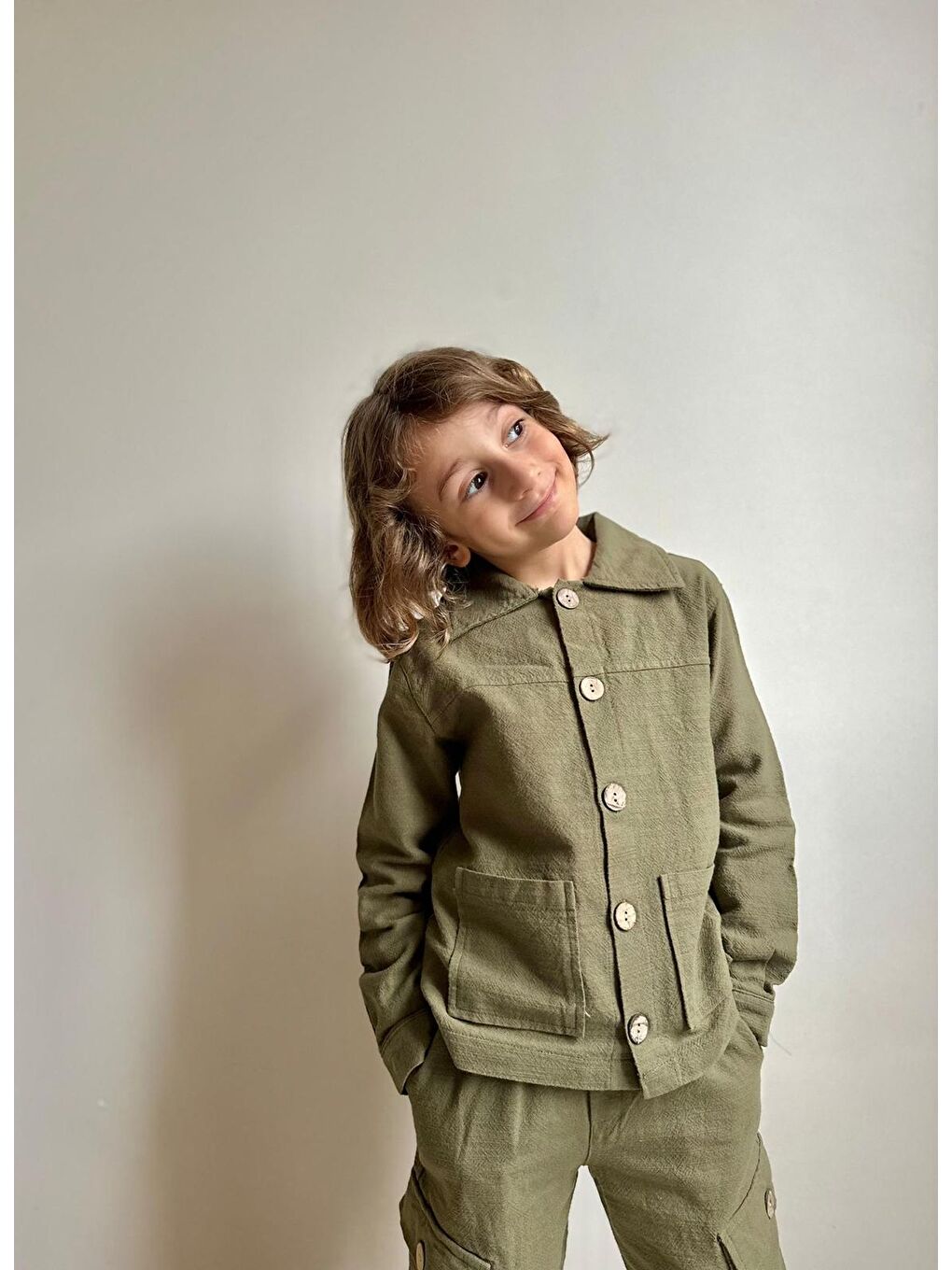 Haki Erkek Çocuk Yıkamalı Keten Gömlek Pantolon Takım-1