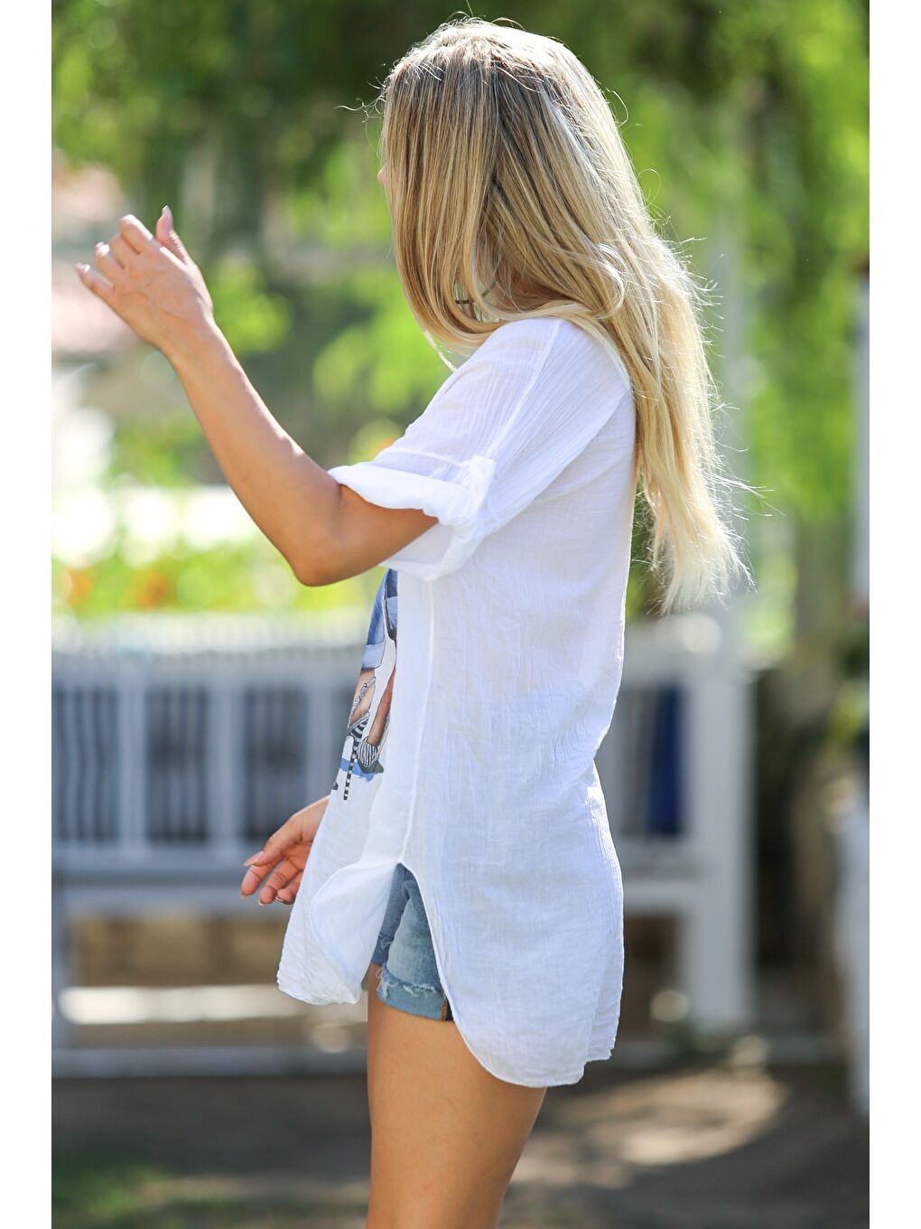 İtalyan Beyaz Kayık Yaka Kısa Kol Etek Ucu Oval Baskılı Pamuklu Dokuma Casual Bluz-2