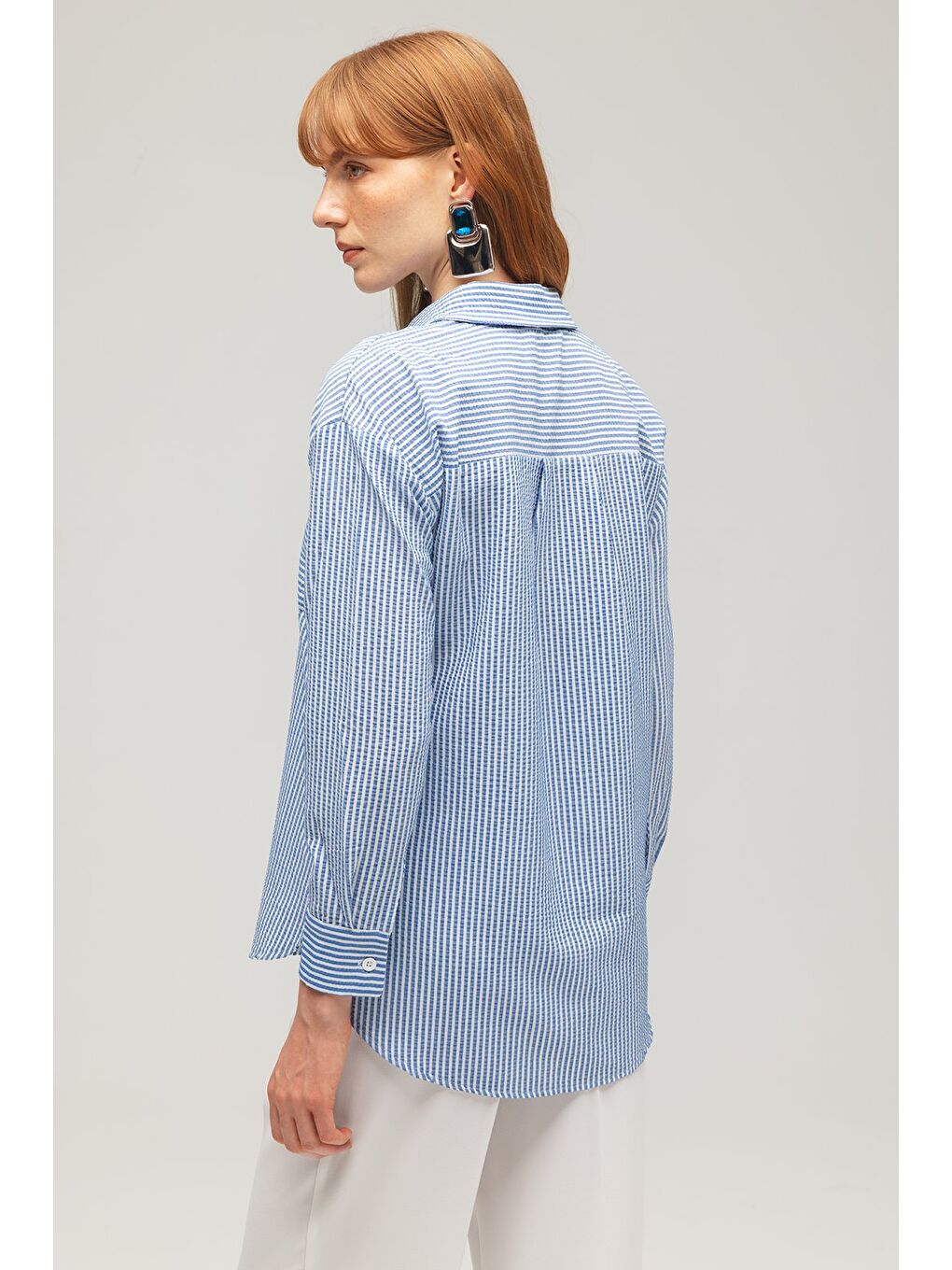 Mavi Kadın Çizgili Dokulu Regular Basic Gömlek - Tek Cepli-4