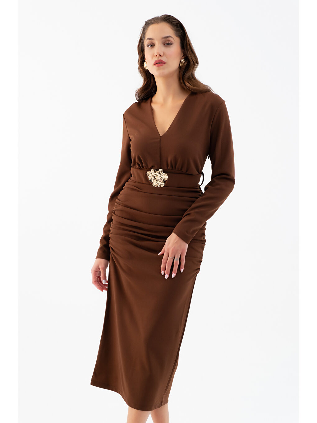 Kadın Kahverengi Kemerli Büzgü Detay Uzun Elbise-2