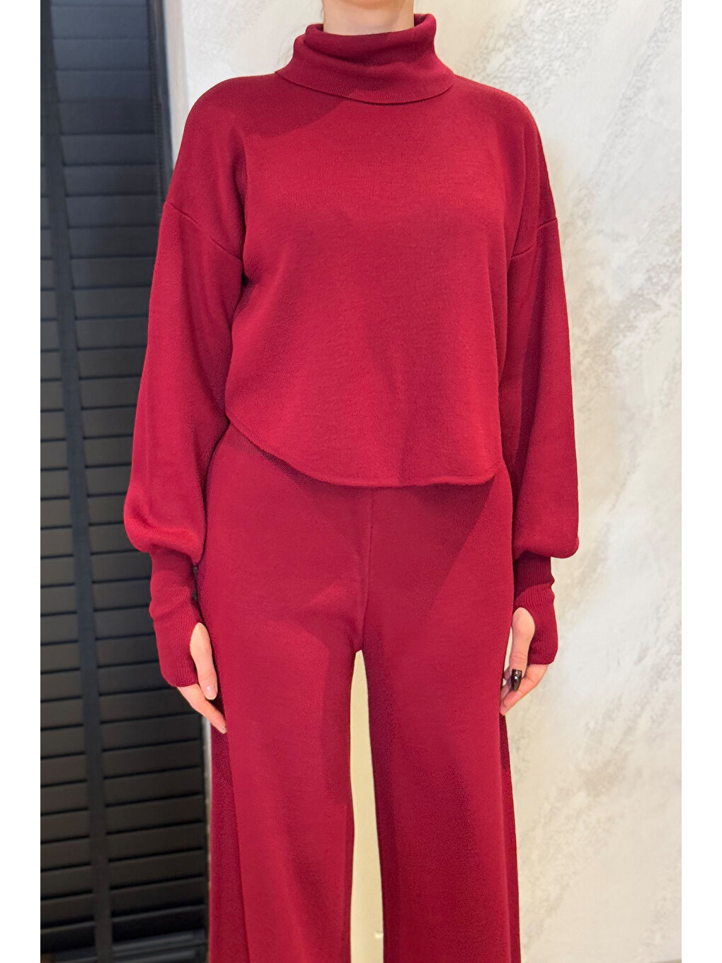 Bordo Crop Kazak Pantolon Triko İkili Takım-2