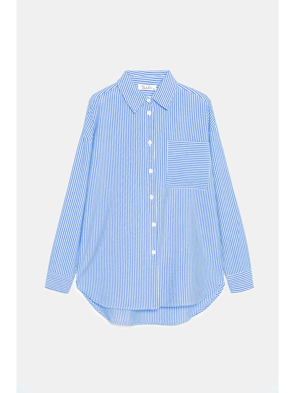 Mavi Kadın Çizgili Dokulu Regular Basic Gömlek - Tek Cepli-5