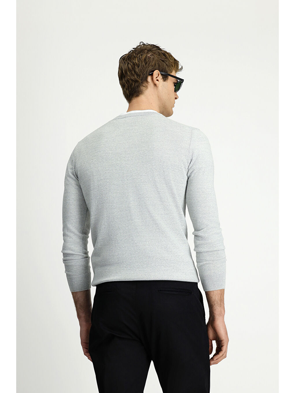 Gri V Yaka Regular Fit Sıcak Tutan Yünlü Triko Kazak-5