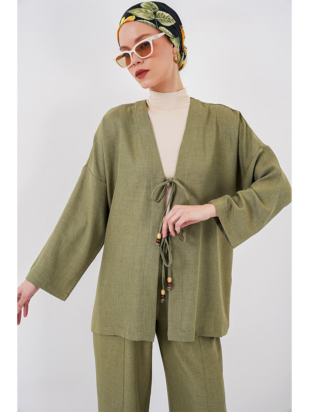 Yeşil Kadın Keten Kimono İkili Takım 6727 - Çağla-1