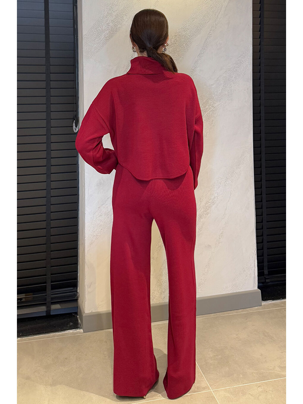 Bordo Crop Kazak Pantolon Triko İkili Takım-3