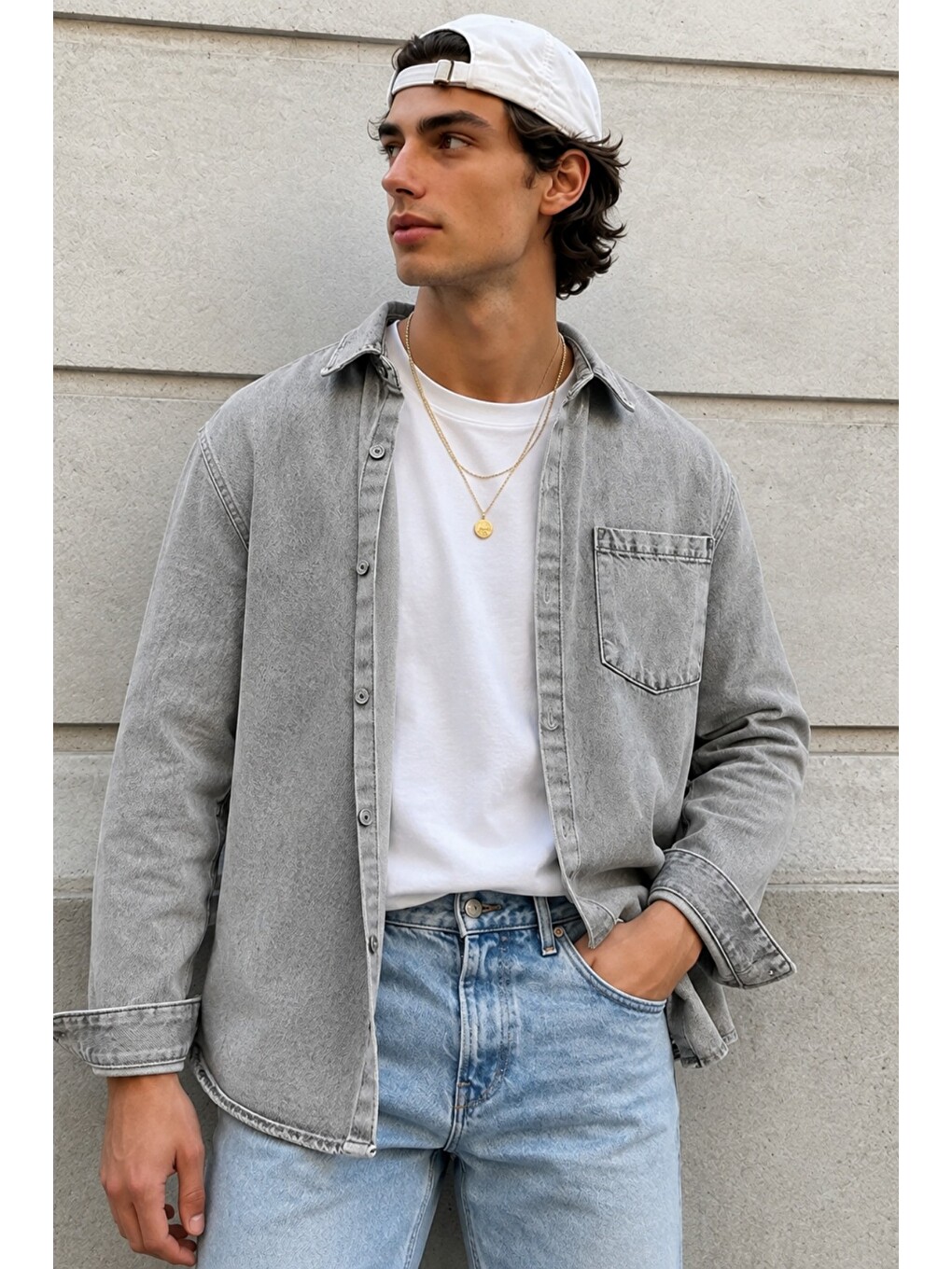 Gri Erkek Regular Denim Gömlek – Yıkamalı Jean Uzun Kollu Cepli Jean Gömlek