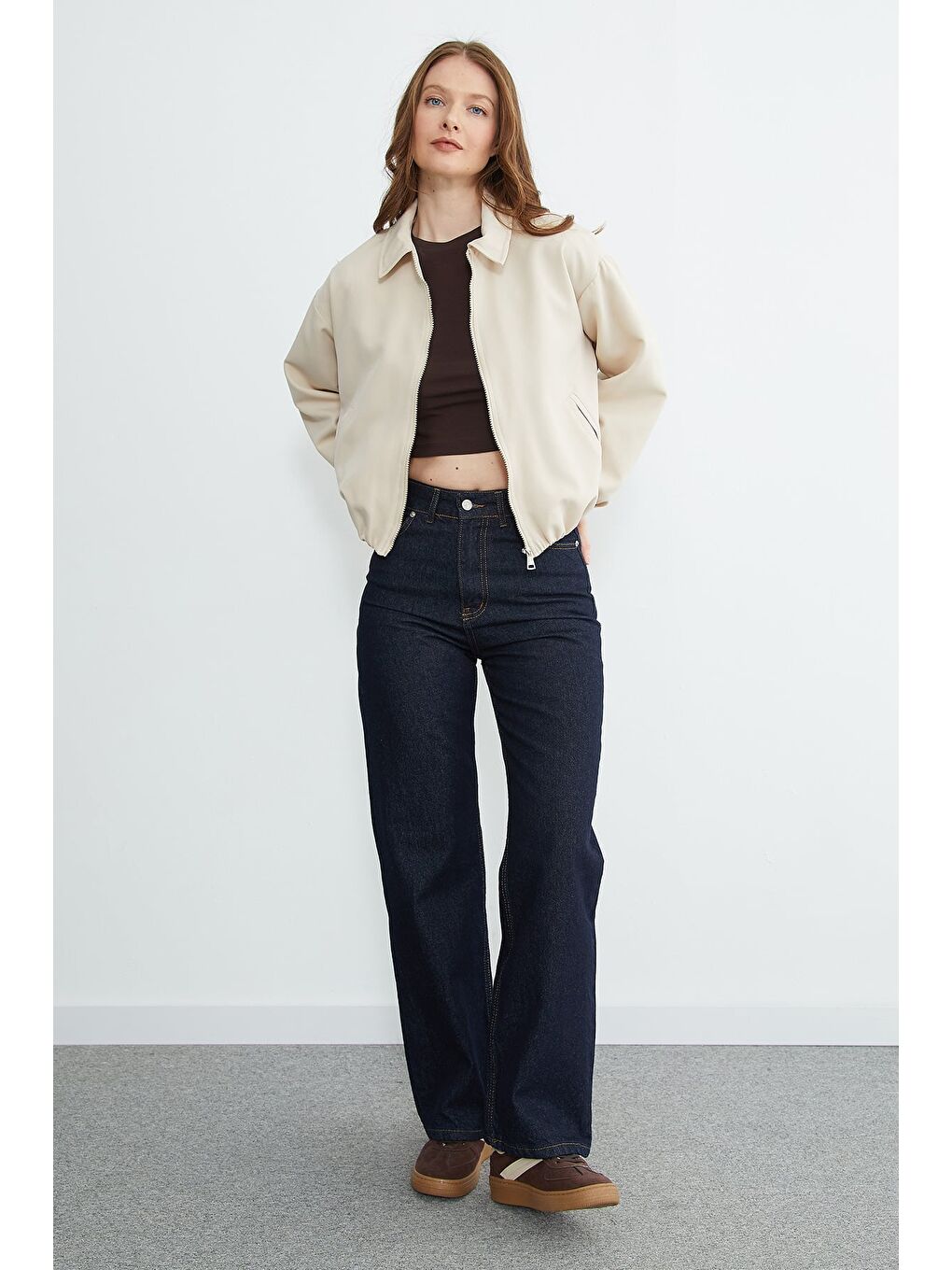 Bej Fermuarlı Polo Yaka Bomber Ceket-2