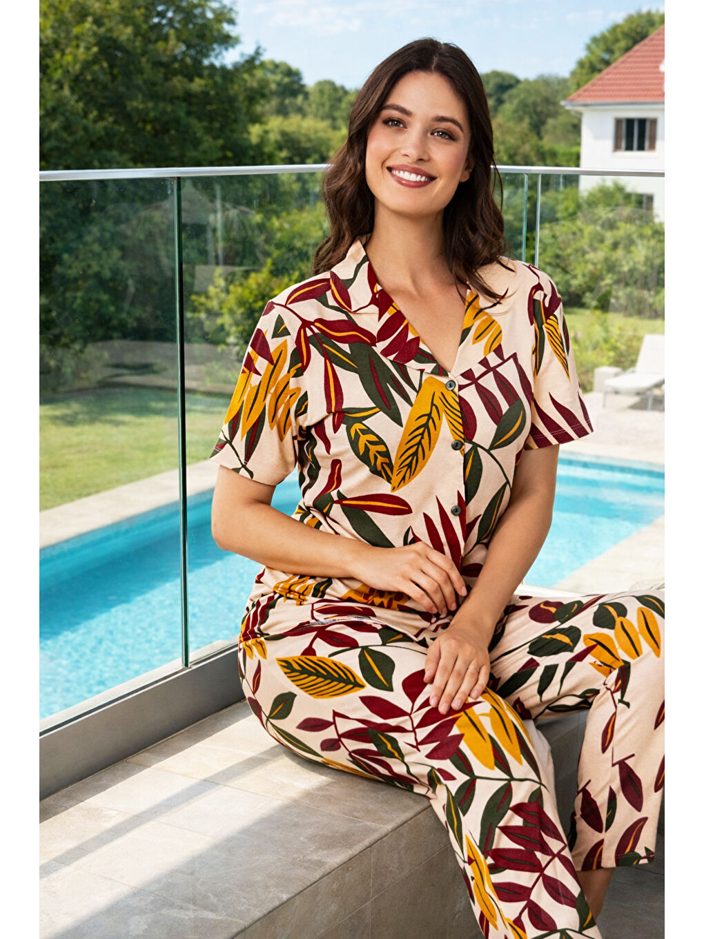 Kadın Desenli Kısa Kol Elastanlı Viskon Pijama Takımı 0290 Bej03-3