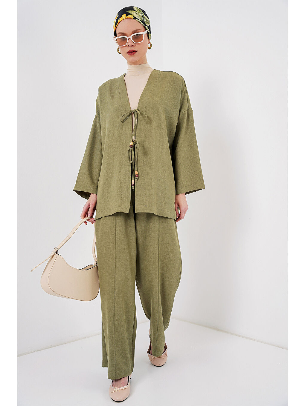 Yeşil Kadın Keten Kimono İkili Takım 6727 - Çağla-2