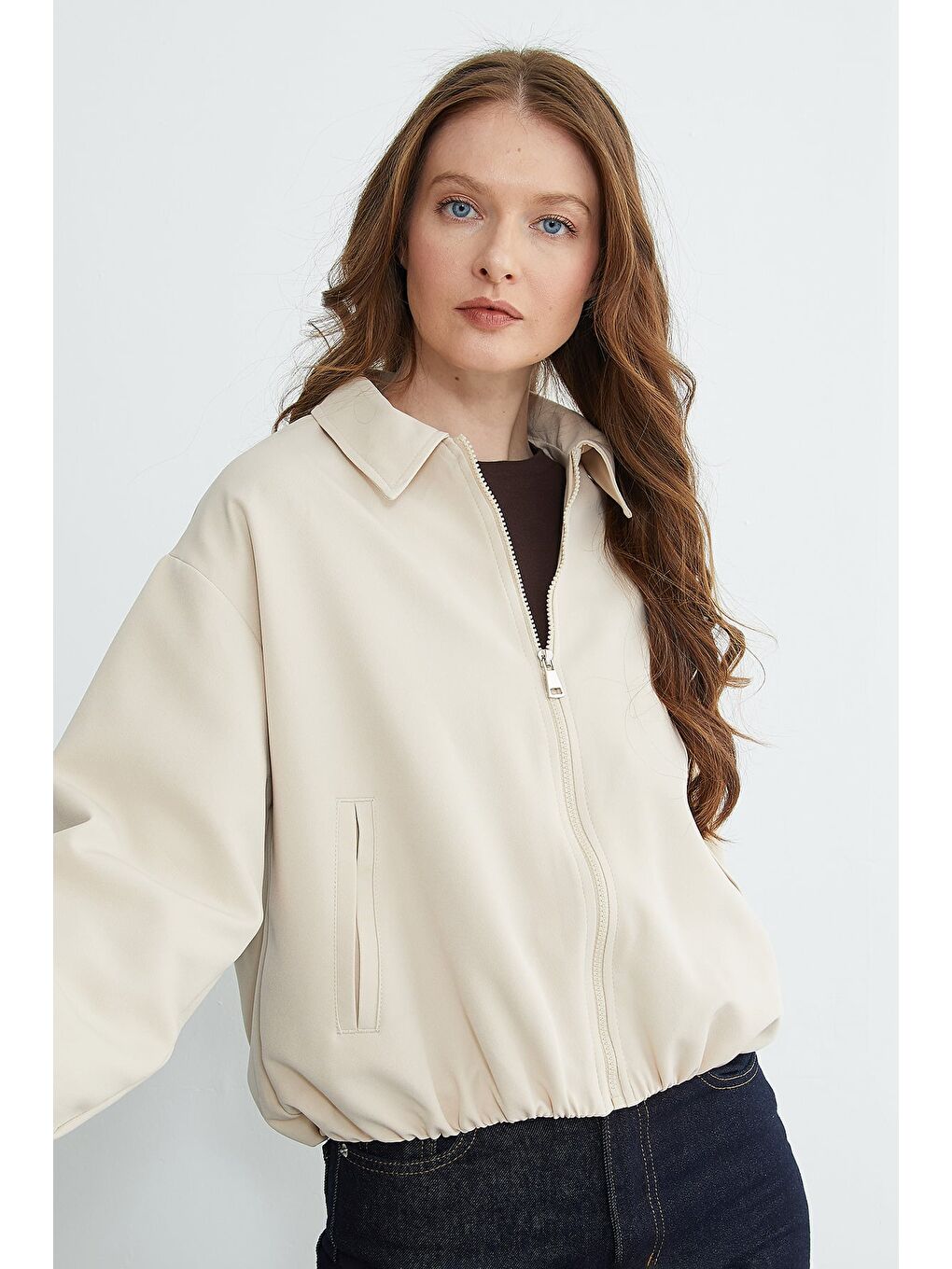 Bej Fermuarlı Polo Yaka Bomber Ceket-3