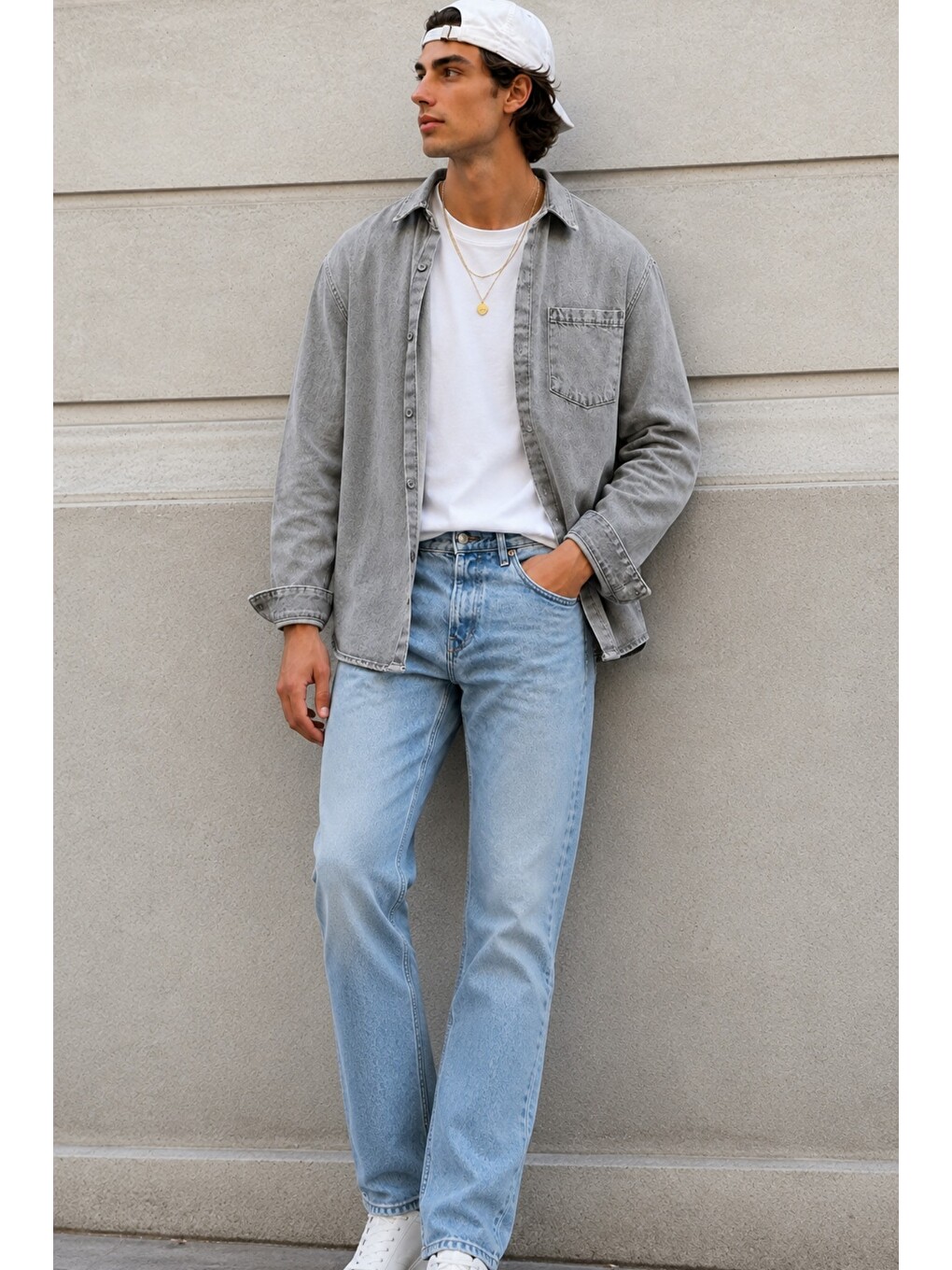 Gri Erkek Regular Denim Gömlek – Yıkamalı Jean Uzun Kollu Cepli Jean Gömlek-1