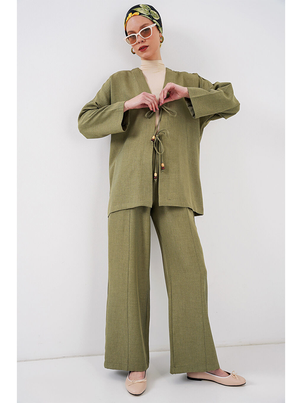 Yeşil Kadın Keten Kimono İkili Takım 6727 - Çağla-3
