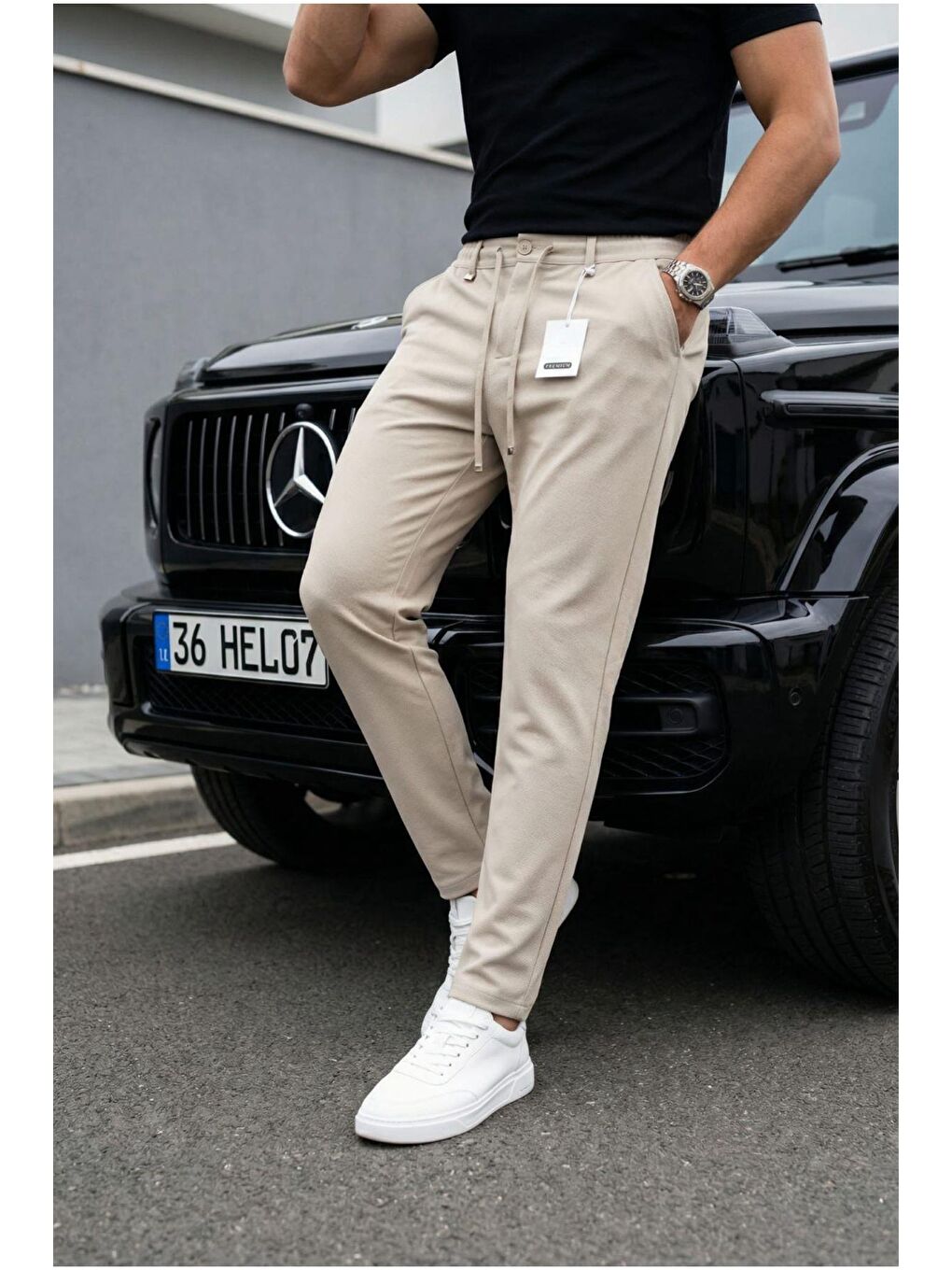 Ekru Holl Beli Lastikli ve Bağcıklı Elastanlı Esnek Örme Jogger Pantolon