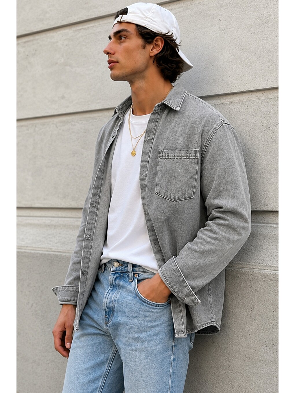 Gri Erkek Regular Denim Gömlek – Yıkamalı Jean Uzun Kollu Cepli Jean Gömlek-2