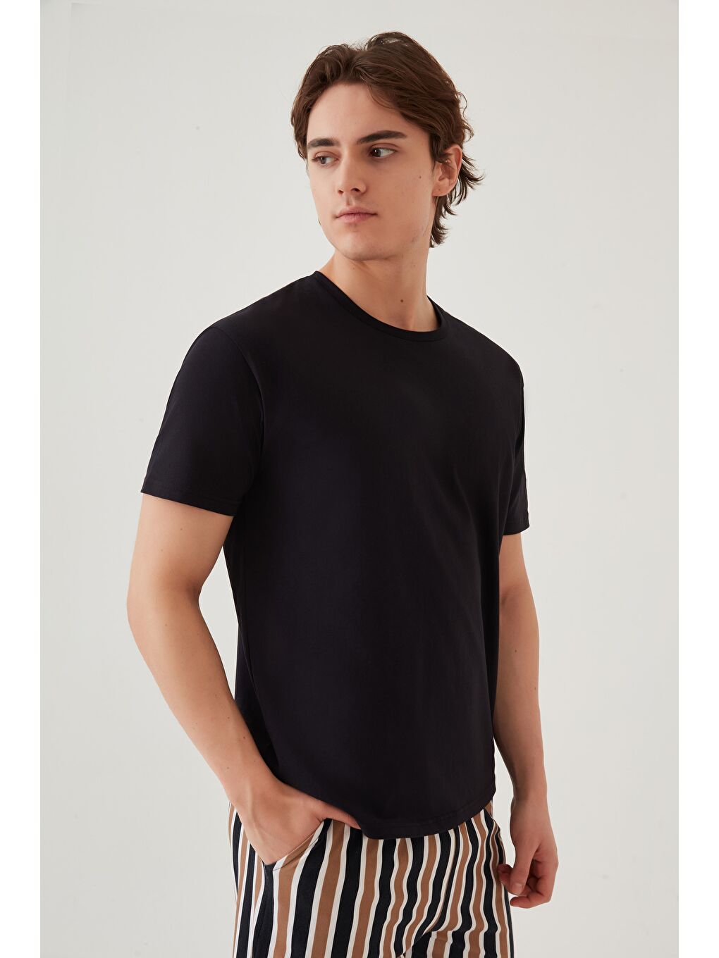 Kahverengi Erkek Kısa Kollu Pamuklu Cepli Çizgili Desenli %100 Pamuk Pijama Takımı-2