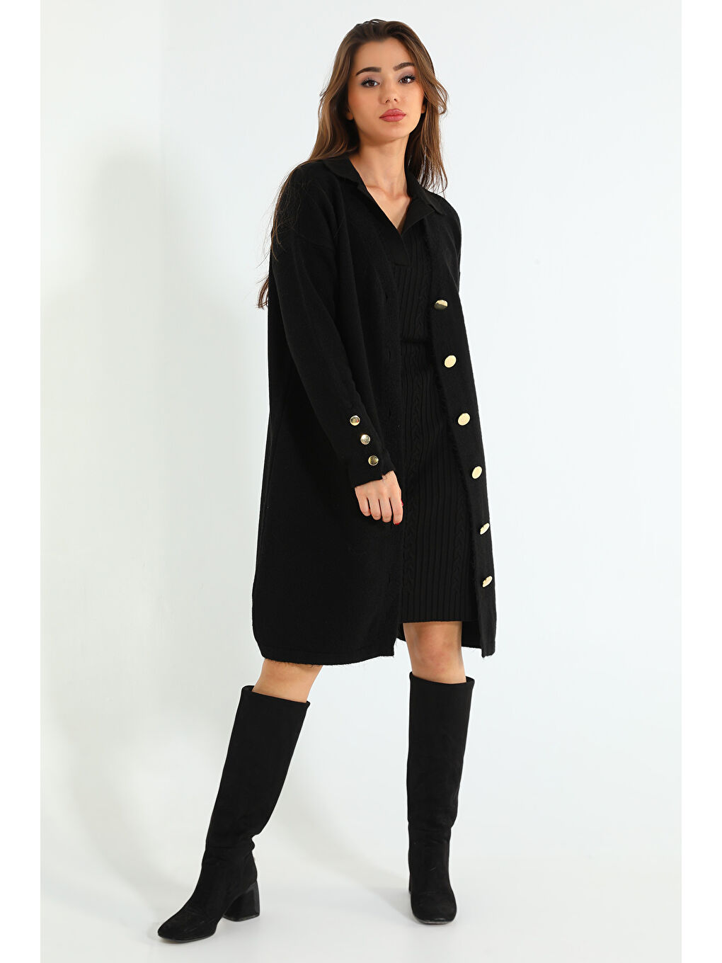 Siyah Kadın Ön Düğmeli Salaş Triko Hırka-1